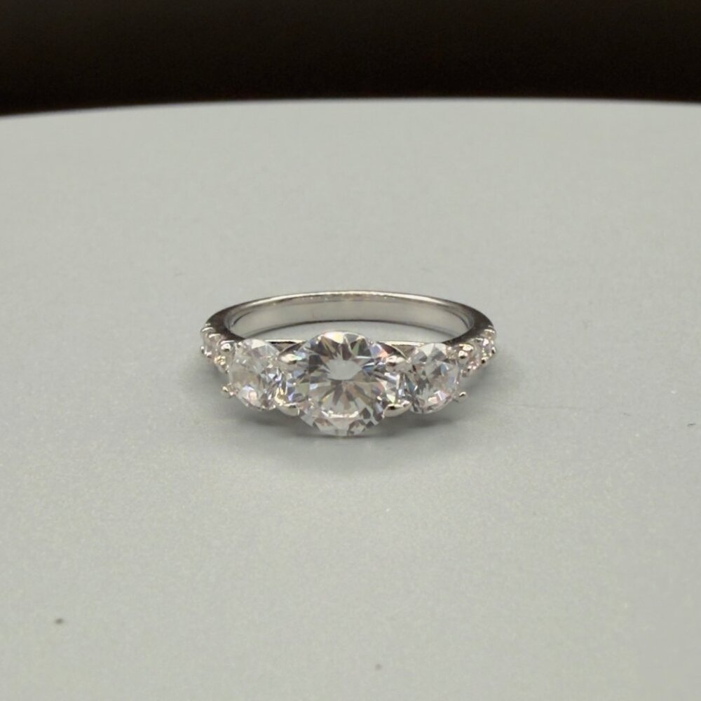 Three Stone Cubic Zirconia Engagement Ring Silver Tone Round Cut Size 6 - Picture 2 of 14